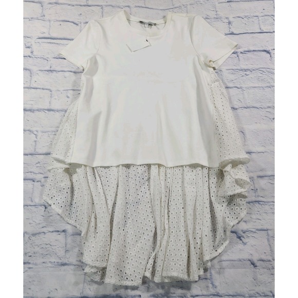 English Factory WOMENS SIZE XS Hi Low T Shirt Top White Crewneck Eyelet Peplum - Picture 1 of 11